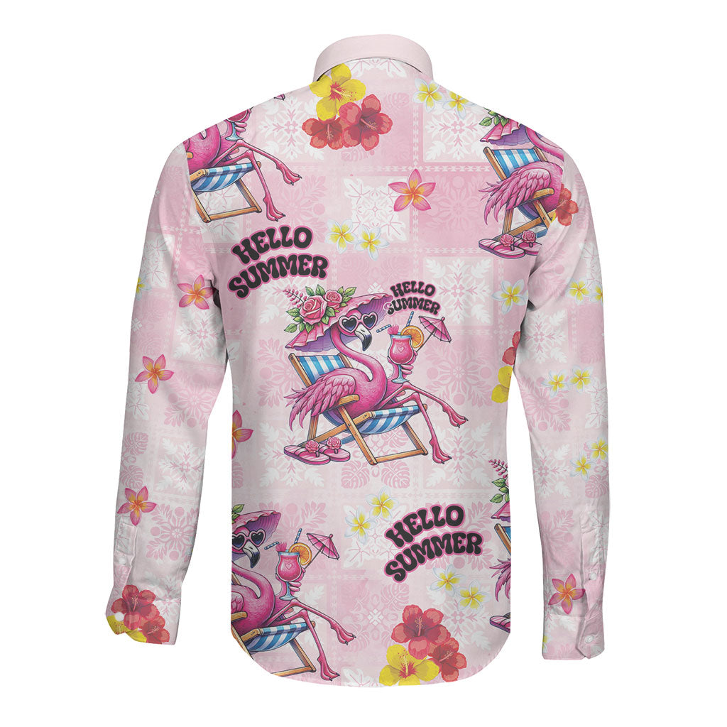 Hawaii Flamingo Hello Summer Long Sleeve Button Shirt Hawaiian Quilt Pattern LT9 - Polynesian Pride