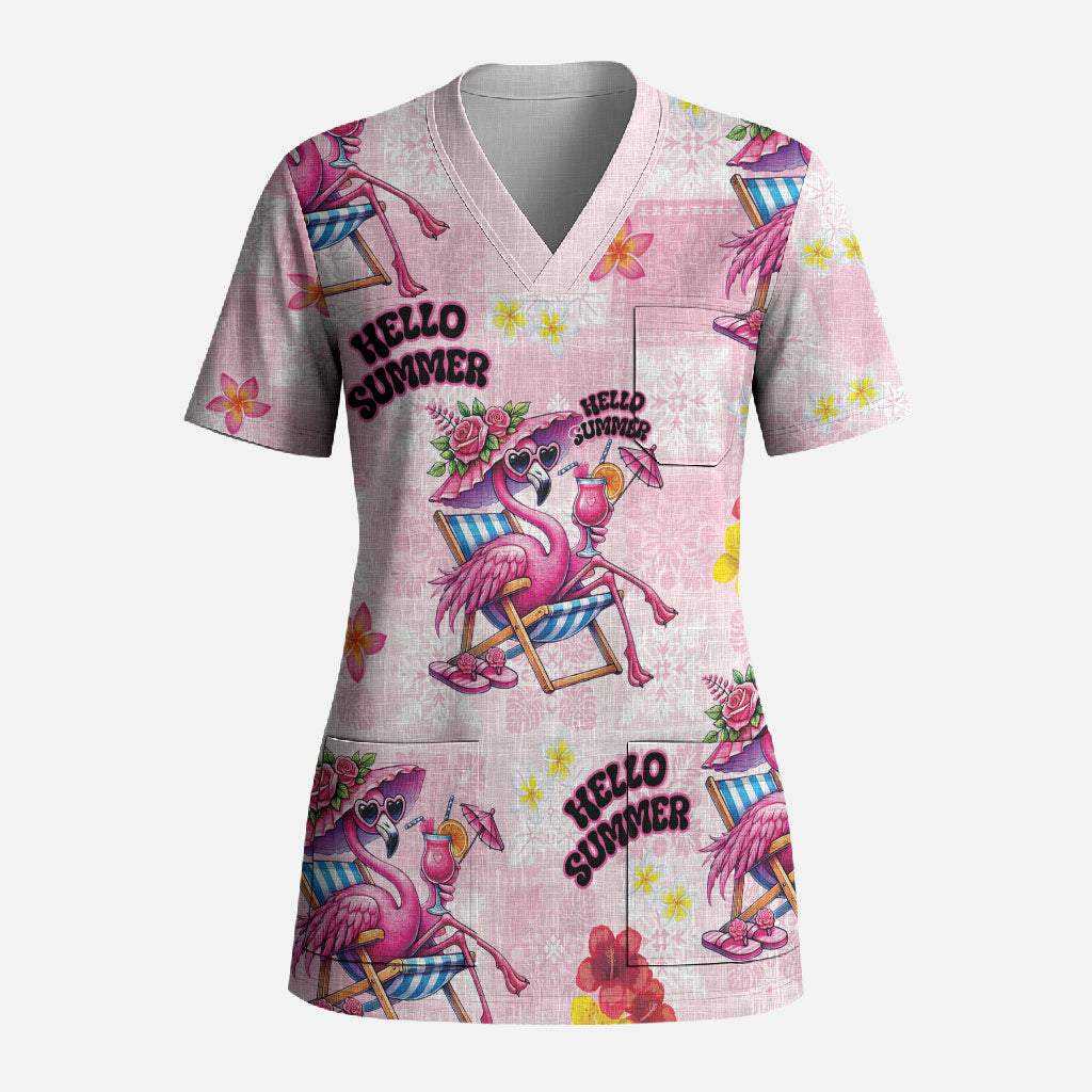 Hawaii Flamingo Hello Summer Scrub Top Hawaiian Quilt Pattern LT9 Adult Pink - Polynesian Pride