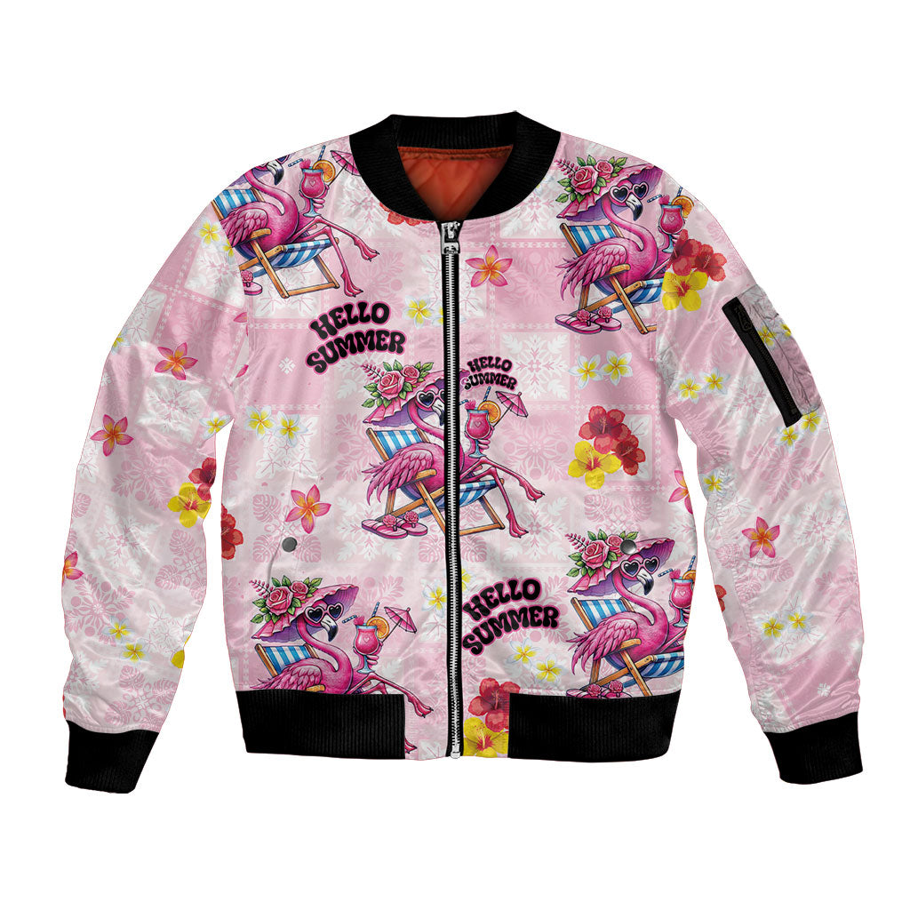 Hawaii Flamingo Hello Summer Sleeve Zip Bomber Jacket Hawaiian Quilt Pattern LT9 Unisex Pink - Polynesian Pride