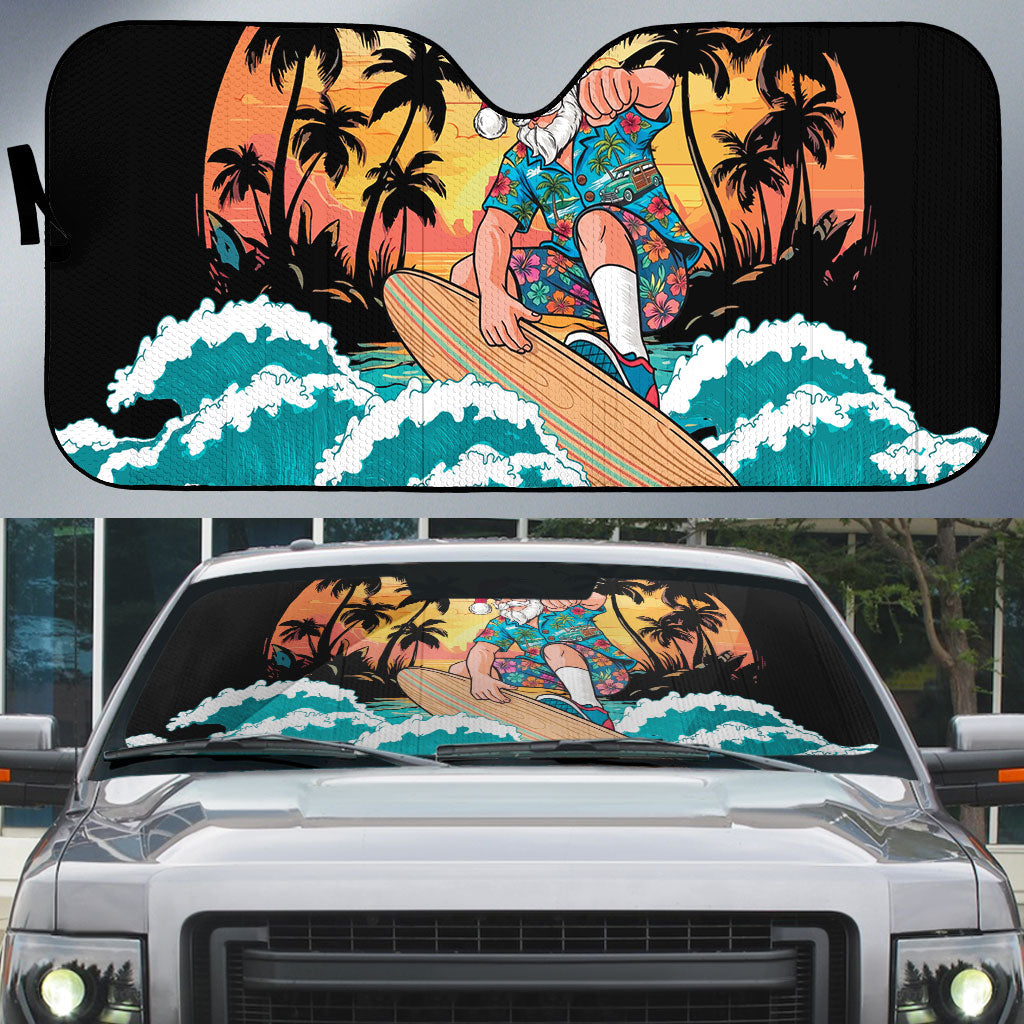 Vintage Santa Claus Surfing Summer Auto Sun Shade Mele Kalikimaka i Iulai! LT9 Black - Polynesian Pride