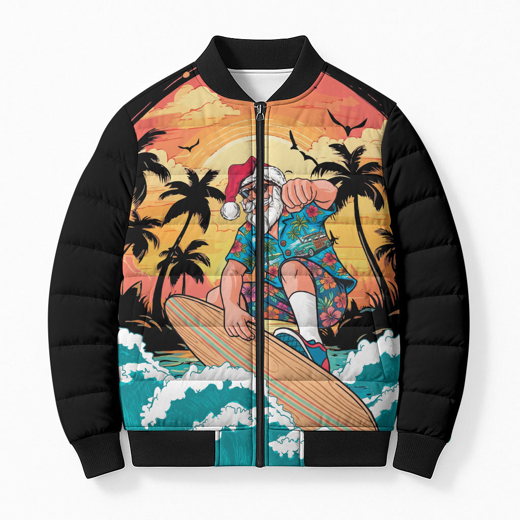 Vintage Santa Claus Surfing Summer Bomber Puffer Jacket Mele Kalikimaka i Iulai! LT9 Unisex Black - Polynesian Pride