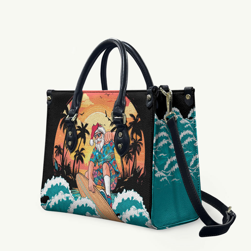 Vintage Santa Claus Surfing Summer Leather Bag Mele Kalikimaka i Iulai! LT9 Black - Polynesian Pride