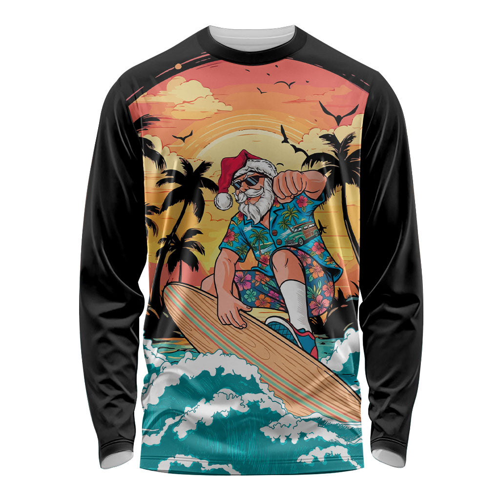 Vintage Santa Claus Surfing Summer Long Sleeve Shirt Mele Kalikimaka i Iulai! LT9 Unisex Black - Polynesian Pride