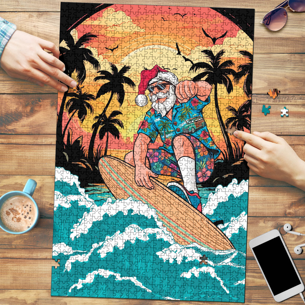 Vintage Santa Claus Surfing Summer Puzzle Mele Kalikimaka i Iulai! LT9 Black - Polynesian Pride