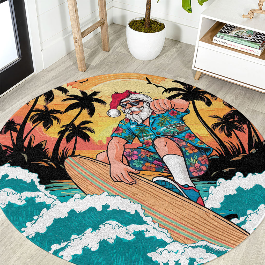 Vintage Santa Claus Surfing Summer Round Carpet Mele Kalikimaka i Iulai! LT9 Black - Polynesian Pride