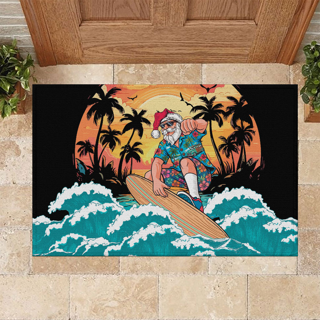 Vintage Santa Claus Surfing Summer Rubber Doormat Mele Kalikimaka i Iulai! LT9 Black - Polynesian Pride