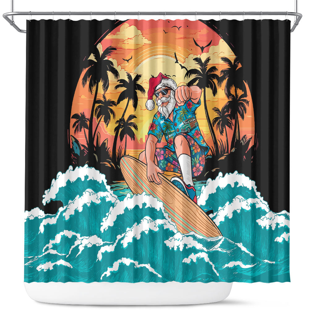Vintage Santa Claus Surfing Summer Shower Curtain Mele Kalikimaka i Iulai! LT9 Black - Polynesian Pride