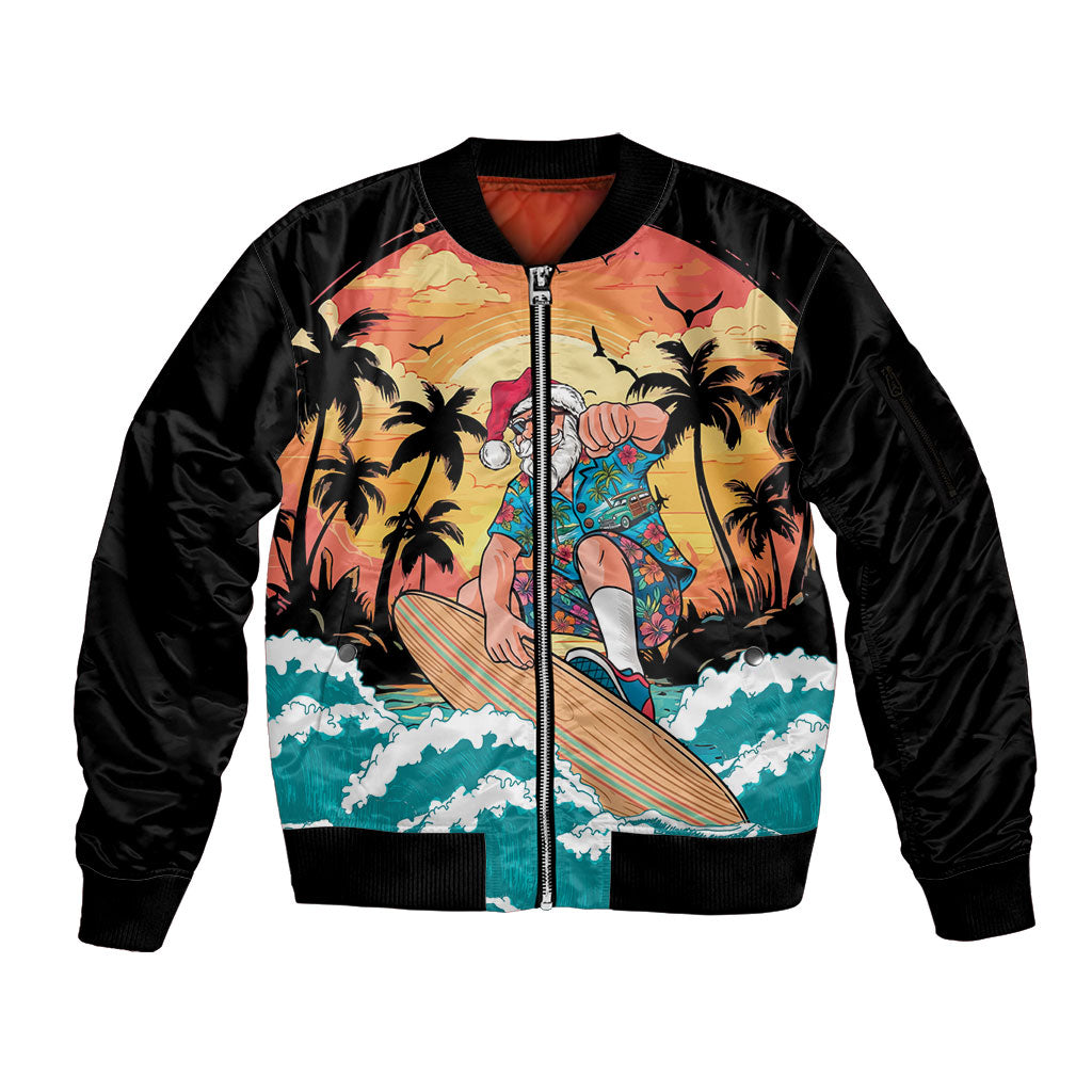 Vintage Santa Claus Surfing Summer Sleeve Zip Bomber Jacket Mele Kalikimaka i Iulai! LT9 Unisex Black - Polynesian Pride