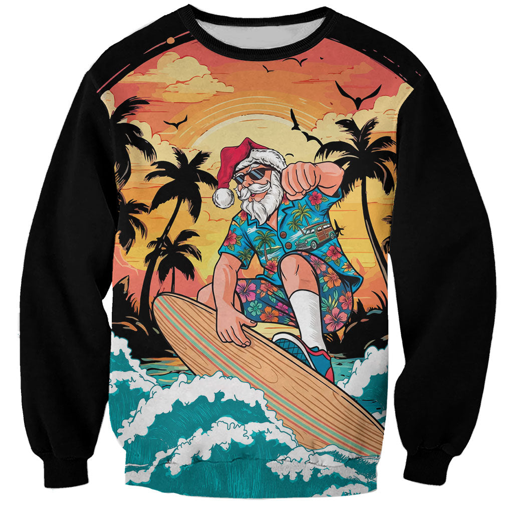 Vintage Santa Claus Surfing Summer Sweatshirt Mele Kalikimaka i Iulai! LT9 Unisex Black - Polynesian Pride