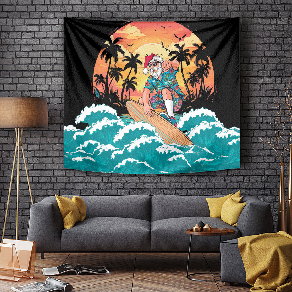 Vintage Santa Claus Surfing Summer Tapestry Mele Kalikimaka i Iulai! LT9 Black - Polynesian Pride