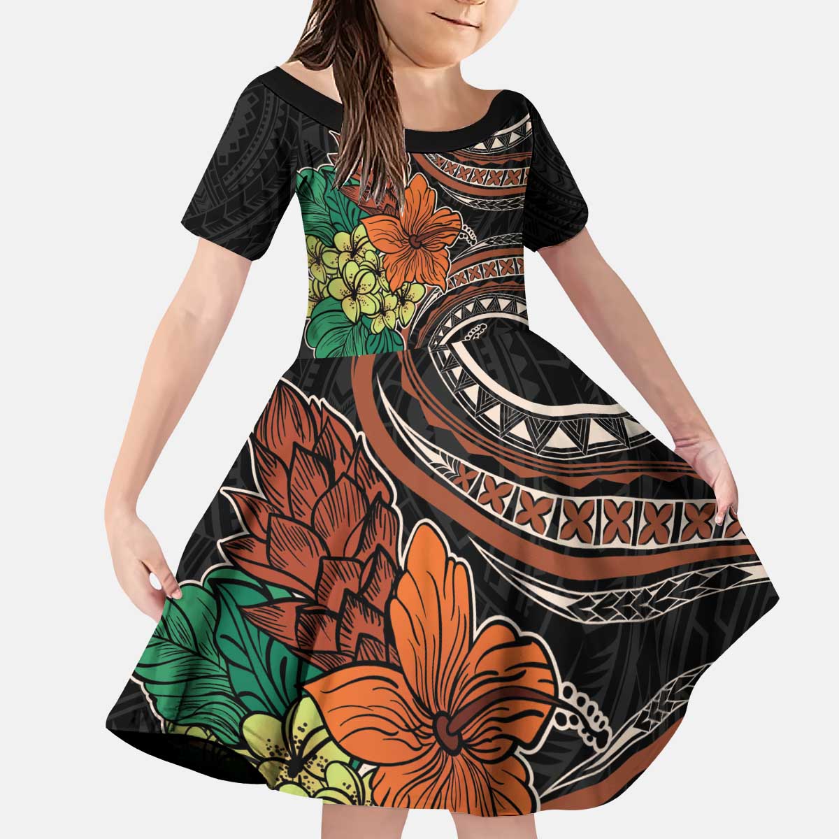 Vintage Hibiscus Pacific Floral Kid Short Sleeve Dress LT9 KID Black - Polynesian Pride