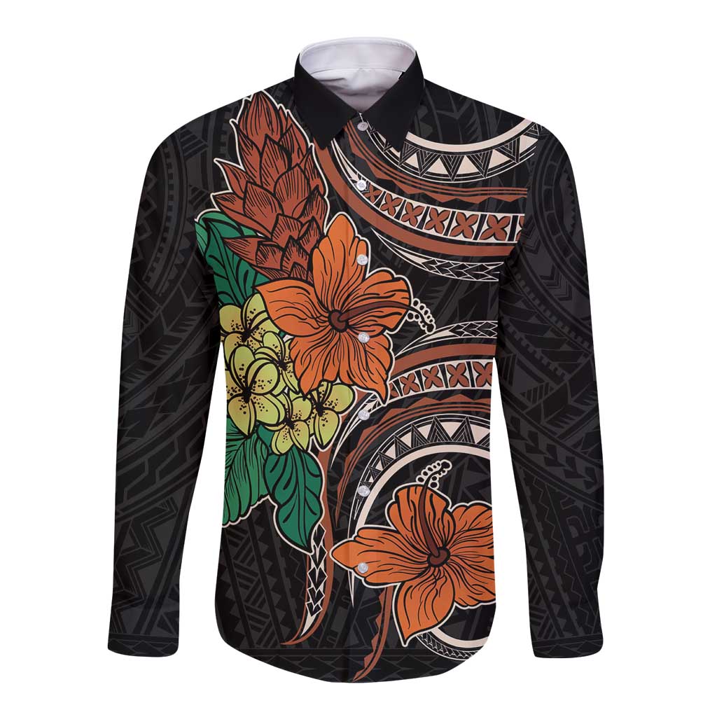 Vintage Hibiscus Pacific Floral Long Sleeve Button Shirt LT9 Unisex Black - Polynesian Pride