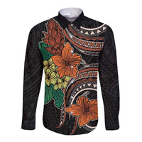 Vintage Hibiscus Pacific Floral Long Sleeve Button Shirt LT9 Unisex Black - Polynesian Pride