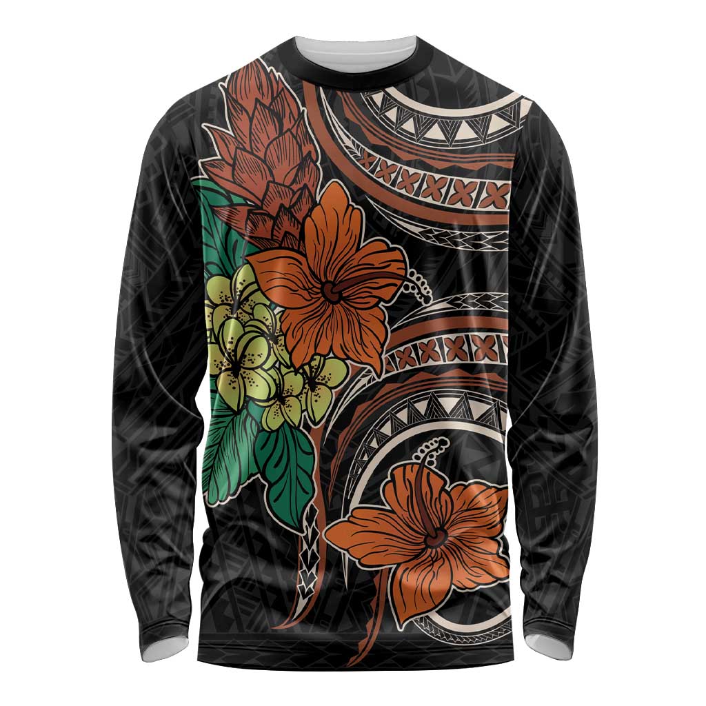 Vintage Hibiscus Pacific Floral Long Sleeve Shirt LT9 Unisex Black - Polynesian Pride