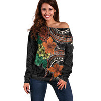 Vintage Hibiscus Pacific Floral Off Shoulder Sweater LT9 Women Black - Polynesian Pride