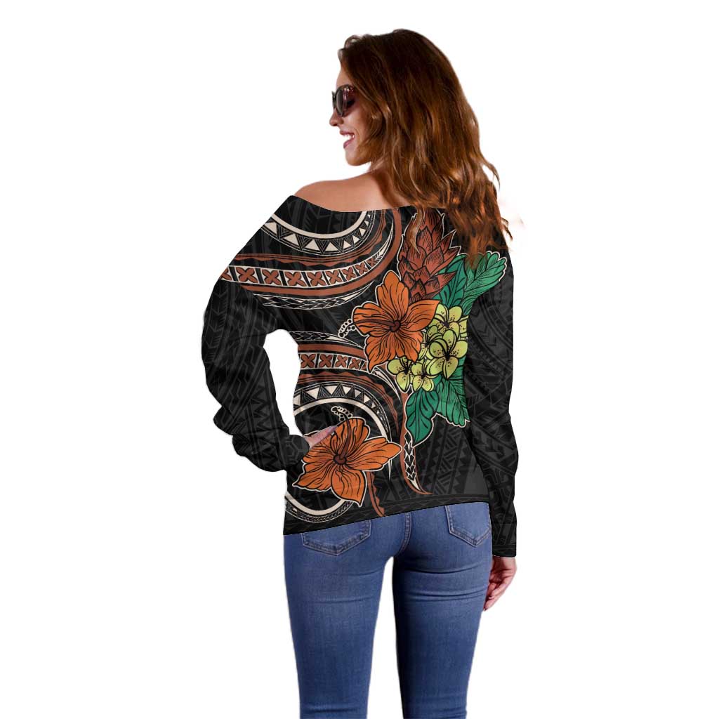 Vintage Hibiscus Pacific Floral Off Shoulder Sweater LT9 - Polynesian Pride