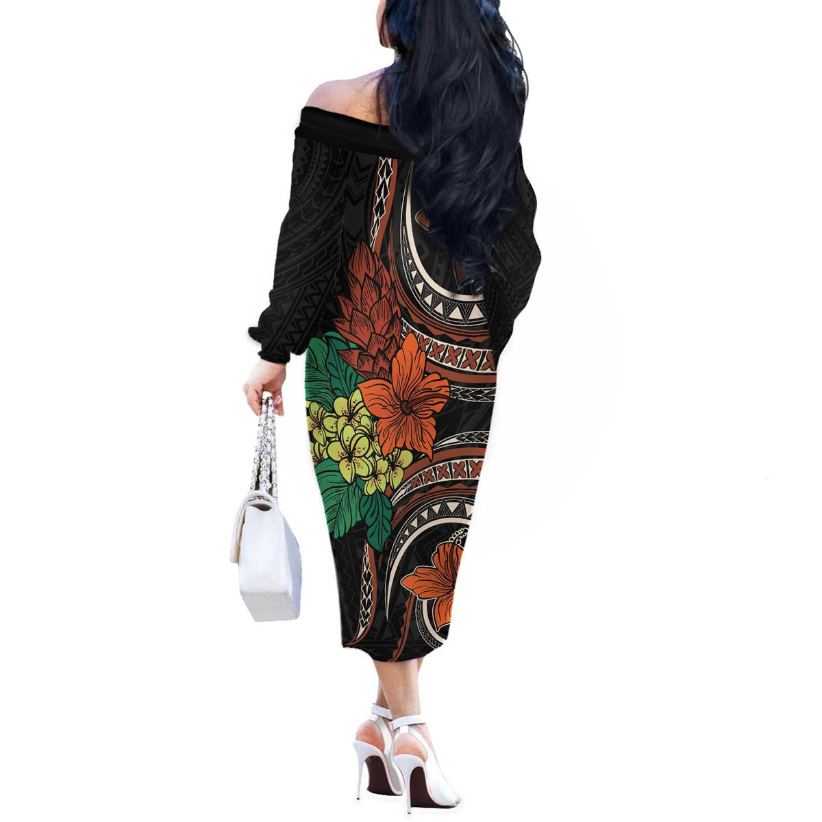 Vintage Hibiscus Pacific Floral Off The Shoulder Long Sleeve Dress LT9 - Polynesian Pride