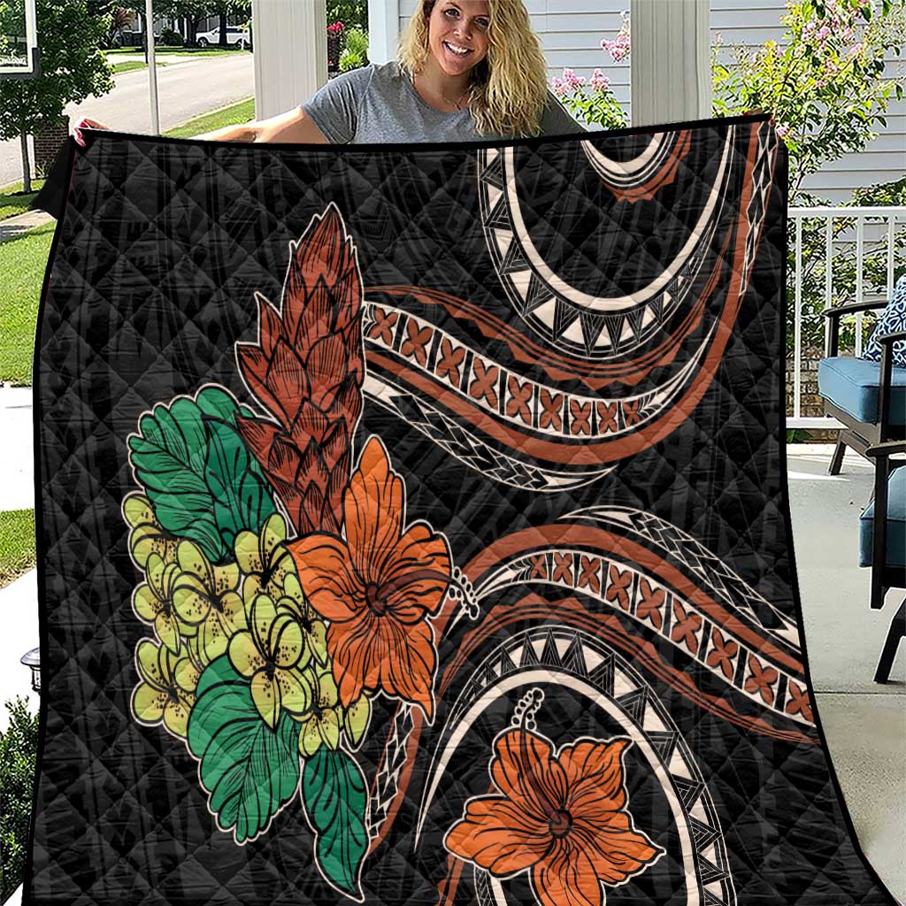 Vintage Hibiscus Pacific Floral Quilt LT9 Black - Polynesian Pride