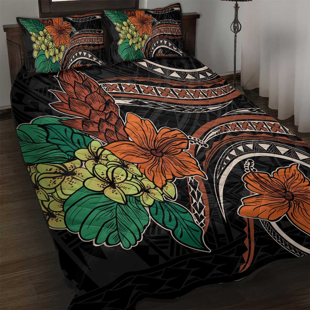 Vintage Hibiscus Pacific Floral Quilt Bed Set LT9 Black - Polynesian Pride