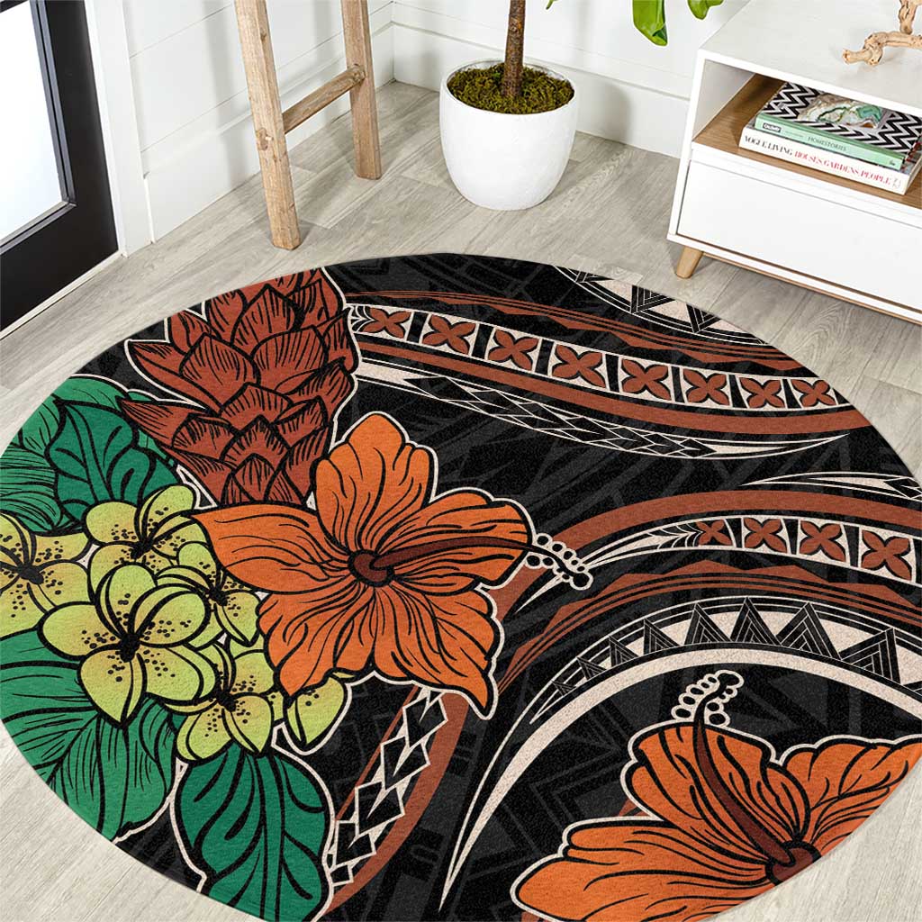 Vintage Hibiscus Pacific Floral Round Carpet LT9 Black - Polynesian Pride