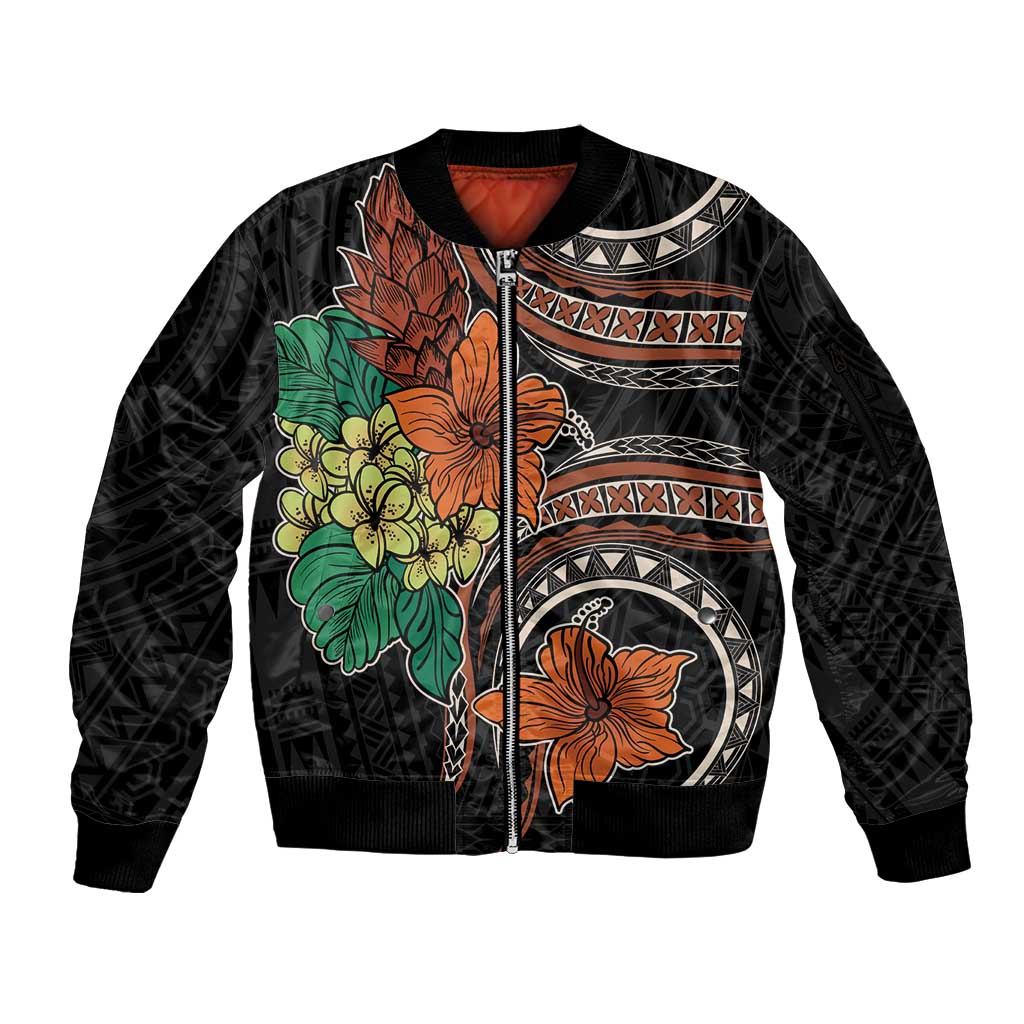 Vintage Hibiscus Pacific Floral Sleeve Zip Bomber Jacket LT9 Unisex Black - Polynesian Pride