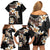 Vintage Plumeria Pacific Floral Family Matching Off Shoulder Short Dress and Hawaiian Shirt