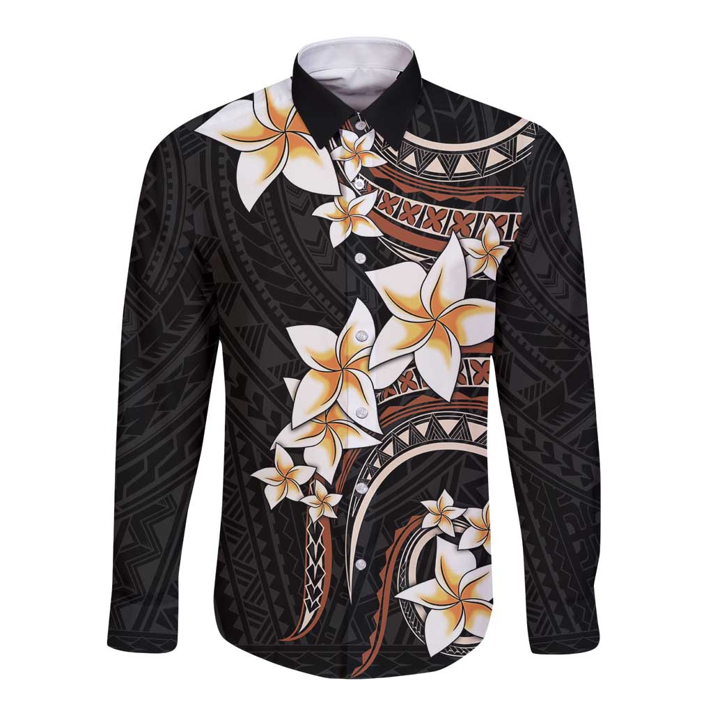 Vintage Plumeria Pacific Floral Long Sleeve Button Shirt LT9 Unisex Black - Polynesian Pride