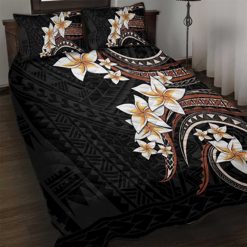 Vintage Plumeria Pacific Floral Quilt Bed Set LT9 Black - Polynesian Pride
