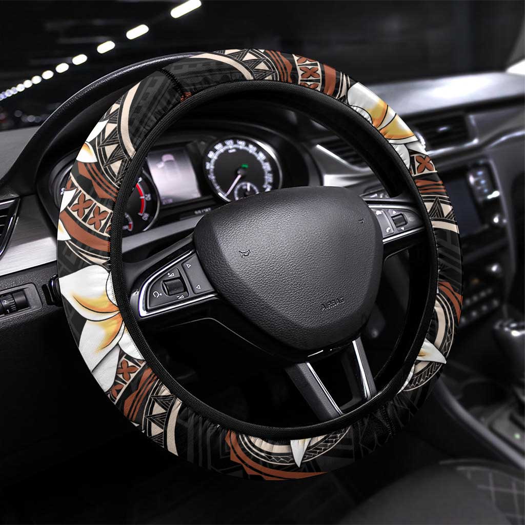 Vintage Plumeria Pacific Floral Steering Wheel Cover LT9 Universal Fit Black - Polynesian Pride