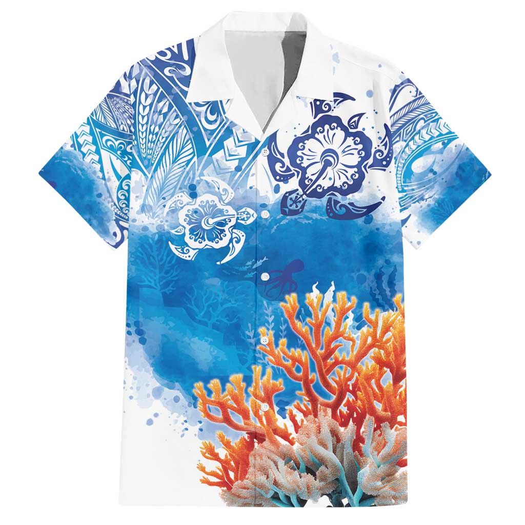 Hibiscus Turtle Tattoo Coral Reef Hawaiian Shirt with Polynesian Tribal LT9 White - Polynesian Pride