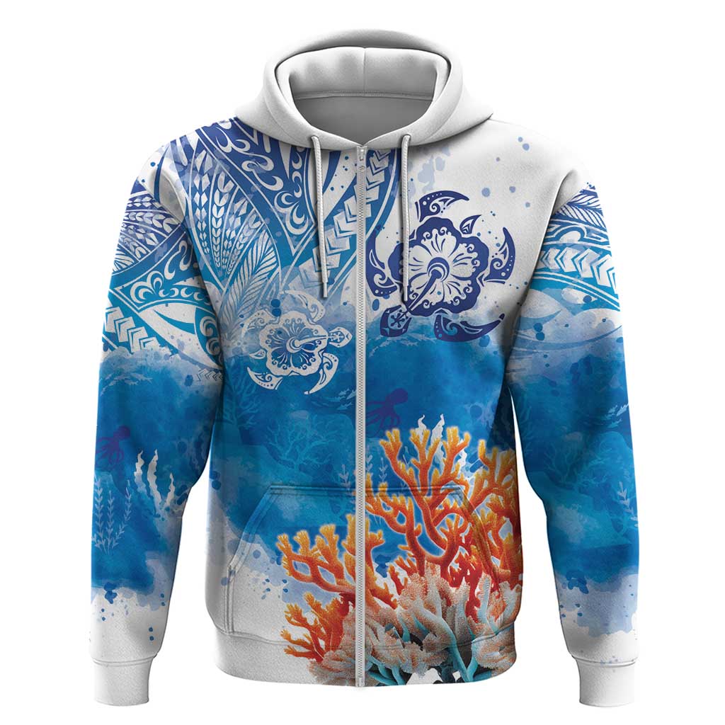 Hibiscus Turtle Tattoo Coral Reef Hoodie with Polynesian Tribal LT9 Zip Hoodie White - Polynesian Pride