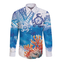Hibiscus Turtle Tattoo Coral Reef Long Sleeve Button Shirt with Polynesian Tribal LT9 Unisex White - Polynesian Pride