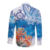 Hibiscus Turtle Tattoo Coral Reef Long Sleeve Button Shirt with Polynesian Tribal LT9 - Polynesian Pride