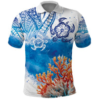 Hibiscus Turtle Tattoo Coral Reef Polo Shirt with Polynesian Tribal LT9 White - Polynesian Pride