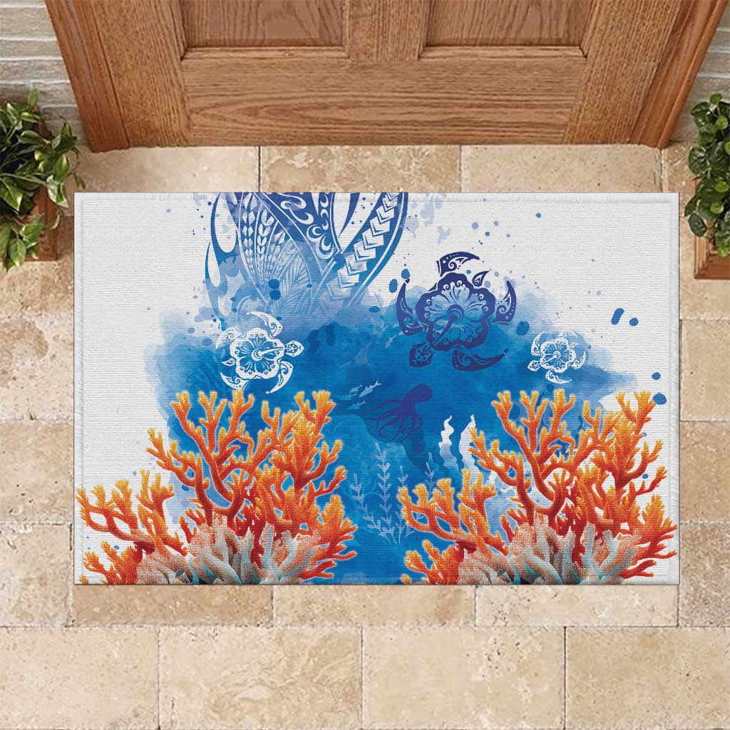 Hibiscus Turtle Tattoo Coral Reef Rubber Doormat with Polynesian Tribal LT9 White - Polynesian Pride
