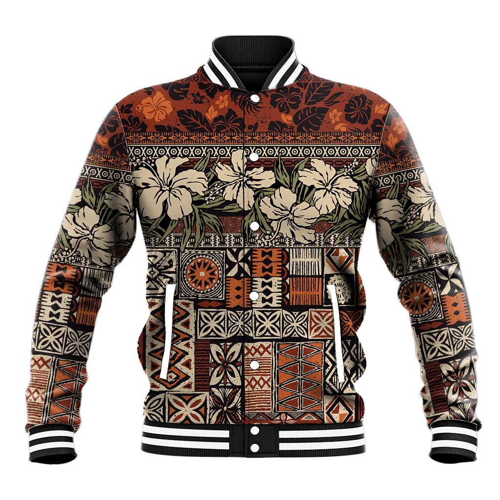 Pacific Hibiscus Tapa Tribal Vintage Baseball Jacket Brown Motif LT9 Unisex Brown - Polynesian Pride