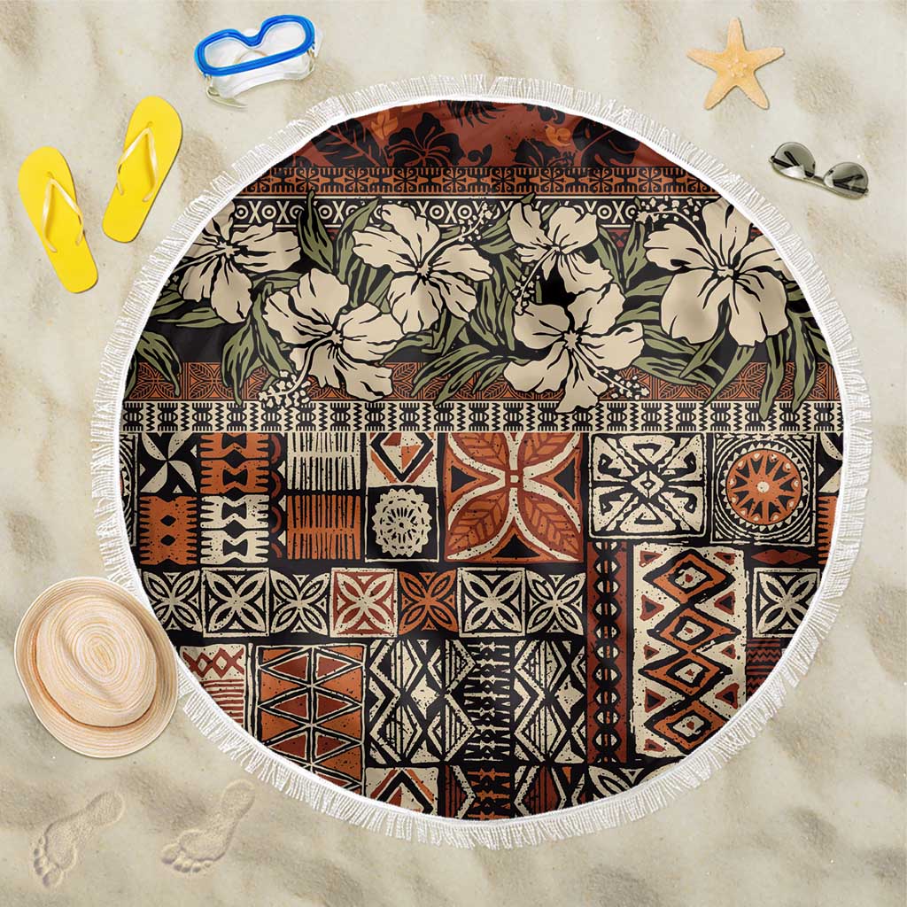 Pacific Hibiscus Tapa Tribal Vintage Beach Blanket Brown Motif LT9 One Size 150cm Brown - Polynesian Pride