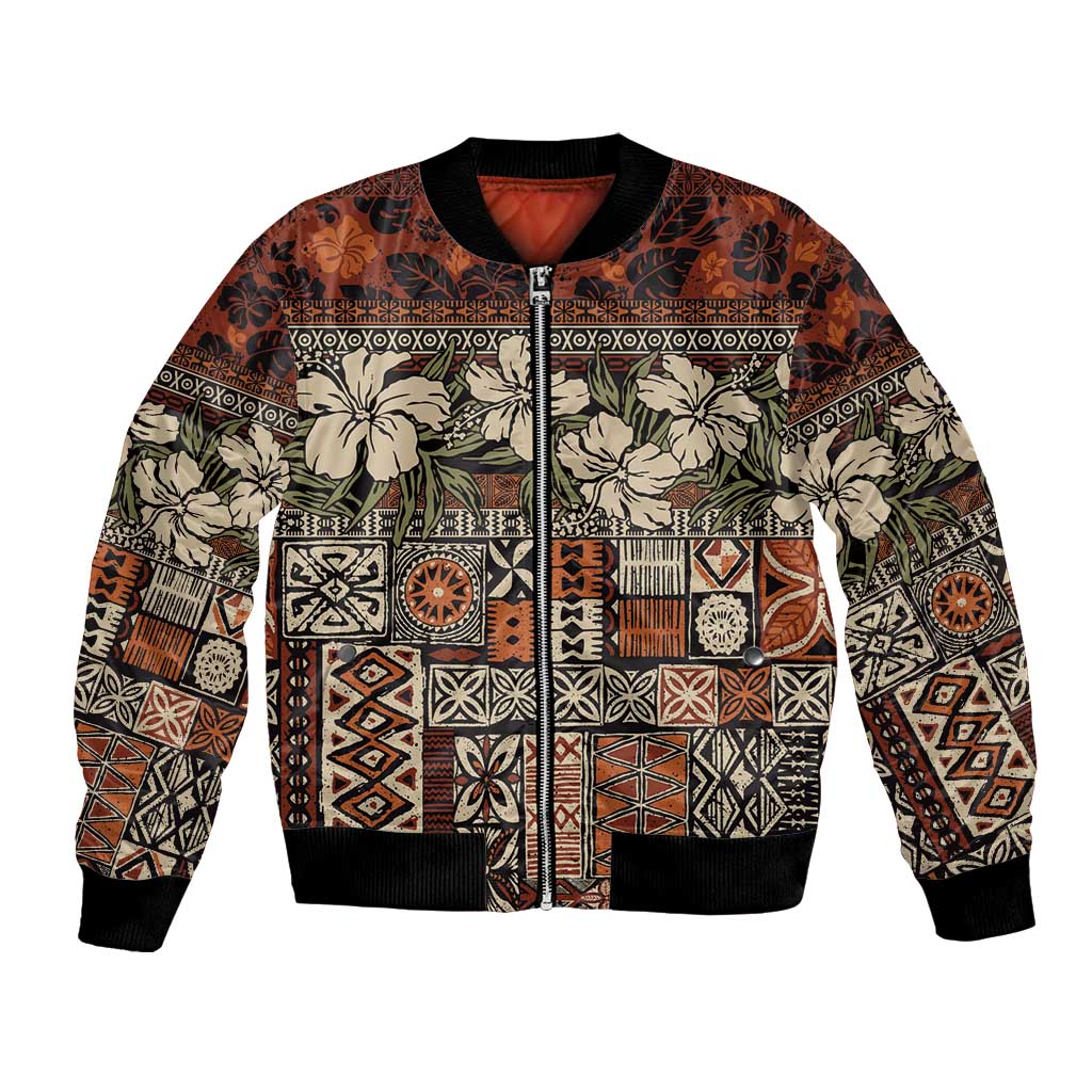 Pacific Hibiscus Tapa Tribal Vintage Bomber Jacket Brown Motif LT9 Unisex Brown - Polynesian Pride
