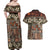 Pacific Hibiscus Tapa Tribal Vintage Couples Matching Off Shoulder Maxi Dress and Hawaiian Shirt Brown Motif