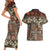 Pacific Hibiscus Tapa Tribal Vintage Couples Matching Short Sleeve Bodycon Dress and Hawaiian Shirt Brown Motif