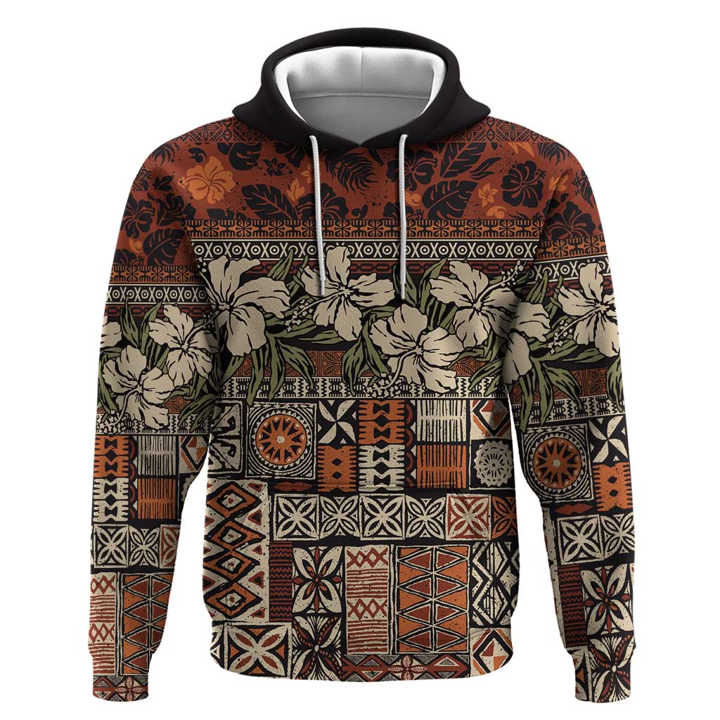 Pacific Hibiscus Tapa Tribal Vintage Hoodie Brown Motif LT9 Pullover Hoodie Brown - Polynesian Pride