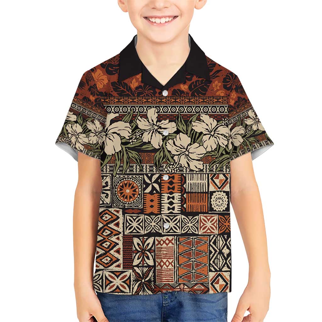 Pacific Hibiscus Tapa Tribal Vintage Kid Hawaiian Shirt Brown Motif LT9 Kid Brown - Polynesian Pride