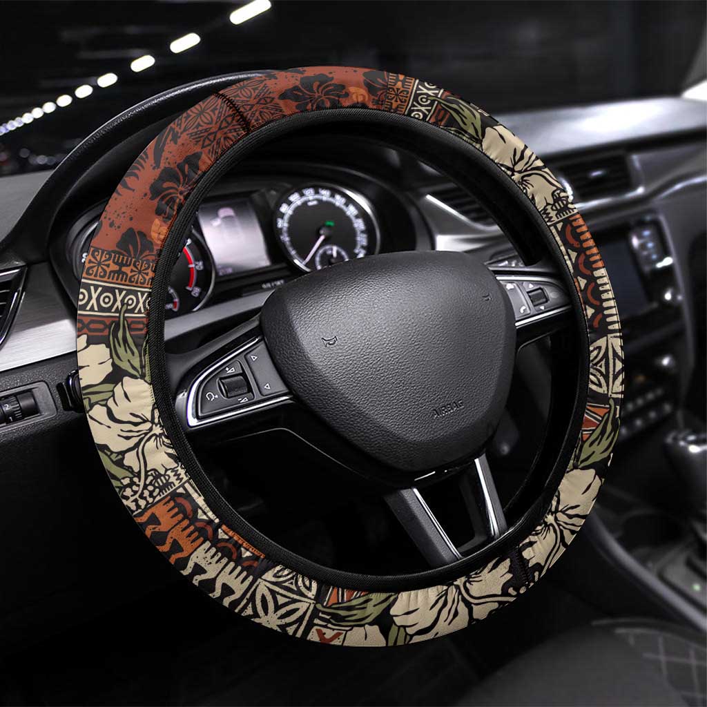 Pacific Hibiscus Tapa Tribal Vintage Steering Wheel Cover Brown Motif LT9 Universal Fit Brown - Polynesian Pride
