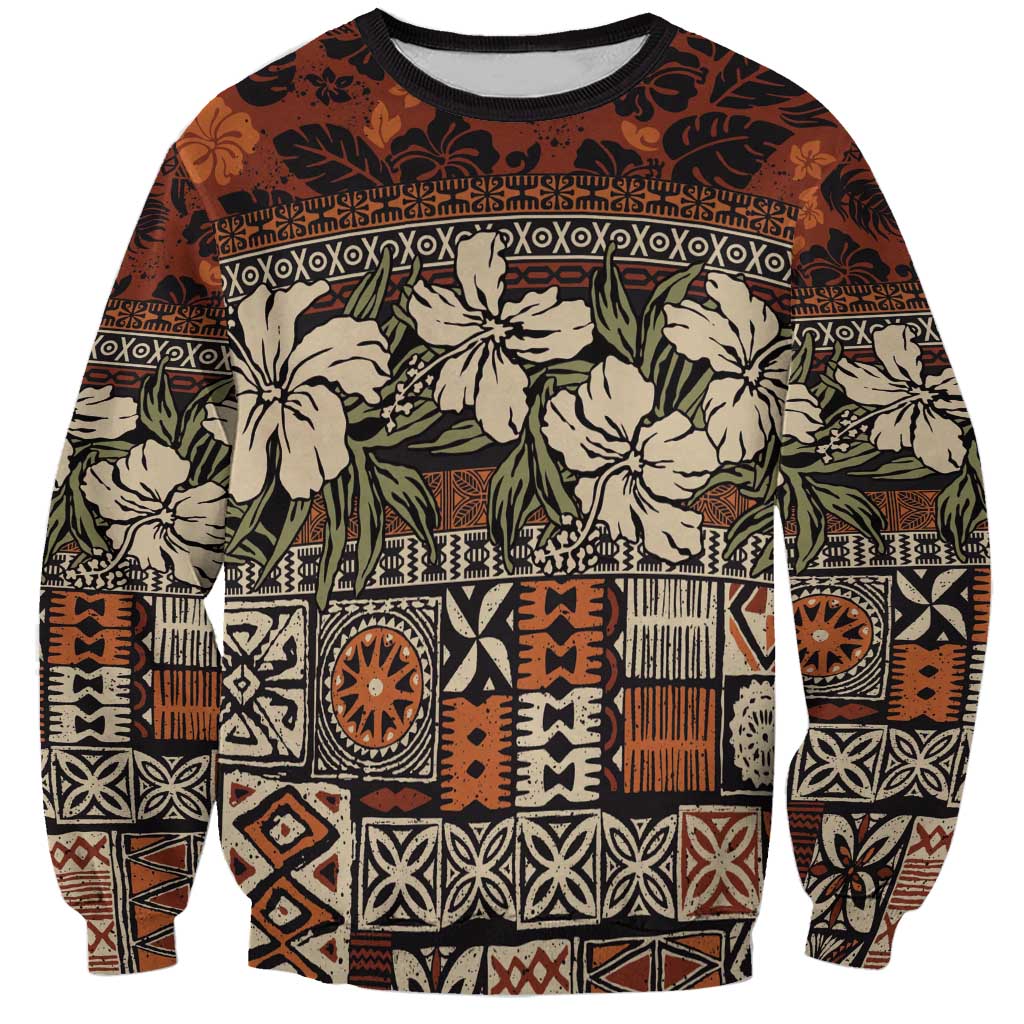 Pacific Hibiscus Tapa Tribal Vintage Sweatshirt Brown Motif LT9 Unisex Brown - Polynesian Pride