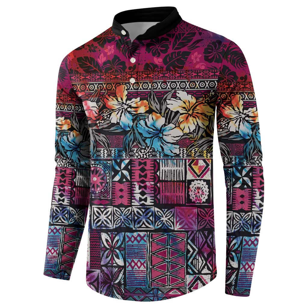 Pacific Hibiscus Tapa Tribal Vintage Button Sweatshirt Pink Motif LT9 - Polynesian Pride