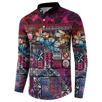 Pacific Hibiscus Tapa Tribal Vintage Button Sweatshirt Pink Motif LT9 - Polynesian Pride