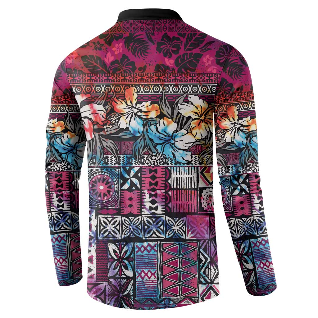 Pacific Hibiscus Tapa Tribal Vintage Button Sweatshirt Pink Motif LT9 - Polynesian Pride