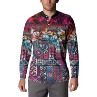 Pacific Hibiscus Tapa Tribal Vintage Button Sweatshirt Pink Motif LT9 - Polynesian Pride