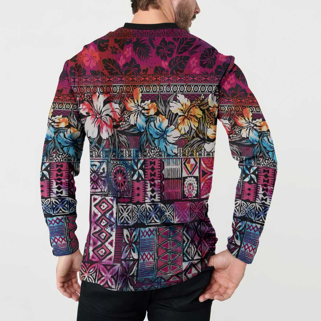 Pacific Hibiscus Tapa Tribal Vintage Button Sweatshirt Pink Motif LT9 - Polynesian Pride