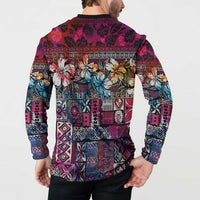 Pacific Hibiscus Tapa Tribal Vintage Button Sweatshirt Pink Motif LT9 - Polynesian Pride